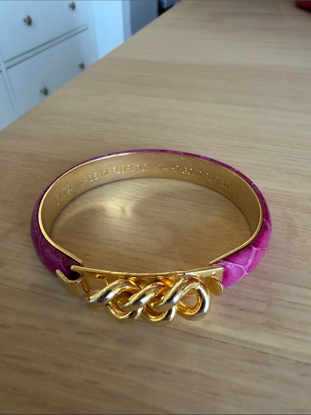 Vita Hinged Leather Bangle 24K Gold Plated